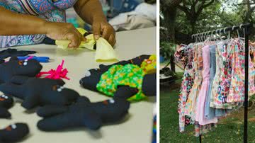 Costura de bonecas negras e vestidos em arara