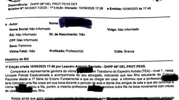 Trecho do BO do caso. Dados preservados por se tratar de menor de idade - divulgação