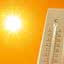 Termômetro marcando temperatura alta com sol brilhando ao fundo