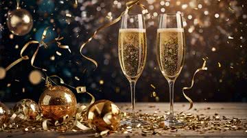 Duas taças de espumante cheia com enfeites de festas de fim de ano e fogos de artifício ao fundo