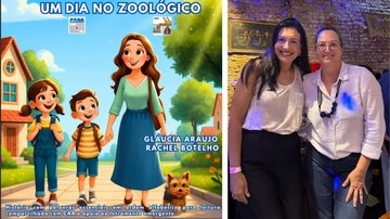 Capa do livro `Um dia no zoológico` e suas autoras Gláucia Araujo e Rachel Botelho