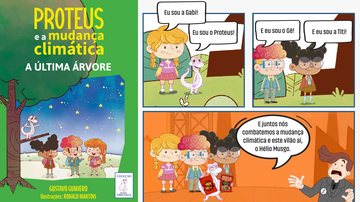 Capa do livro "Proteus e a mudança climática" e página interna com tirinhas