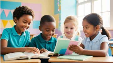 Quatro crianças na escola vendo livros