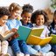 Cinco crianças leem livros juntas